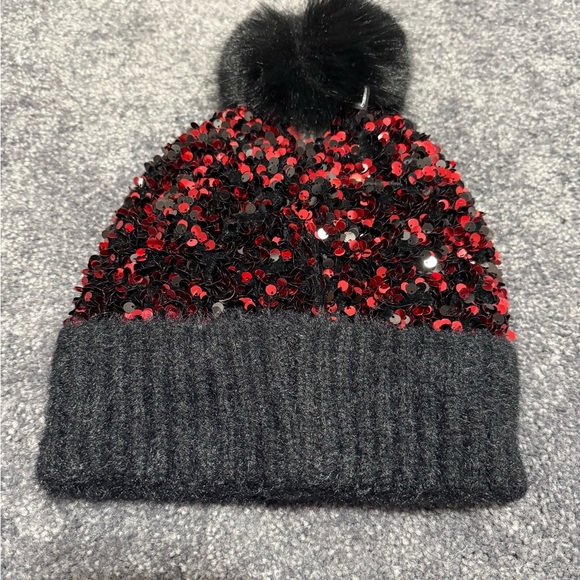 C.C Sequin Red Black Beanie with Black Pom-Pom Women One Size NWT main image 5